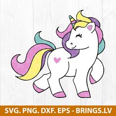 a pink and yellow unicorn with a heart on it's forehead is standing in front of a white wooden background