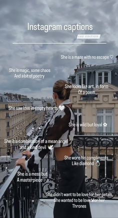 a woman standing on top of a balcony next to a railing with words describing her instagram captions