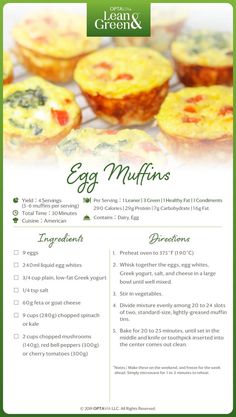 an egg muffins recipe is shown in the middle of a green and white flyer