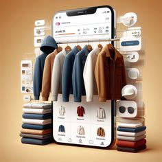 a mobile phone displaying clothes on display in front of an orange background with other items