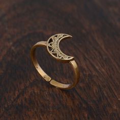 "Crescent Moon Ring, Half Moon Ring, Gold Boho Ring, Vintage Celtic Moon Ring, Lunar Ring, Adjustable Ring, Gift For Her, Minimalist ring ♥ DETAILS ♥ *Materials: Brass *Size: All sizes are available. ♥ DELIVERY ♥ *IMPORTANT: Before placing an order, please double-check check your delivery address is correct and complete to avoid delays and lost packages. *You can return your purchased item within 15 days after successful delivery. *We offer a 100% \"Money Back Guarantee\" if you are not satisfie Moon Ring Gold, Gold Moon Ring, Bohemian Moon Shaped Adjustable Rings, Symbolic Adjustable Midi Rings, Celestial Adjustable Midi Rings, Bohemian Adjustable Moon-shaped Rings, Symbolic Adjustable Open Midi Rings, Adjustable Moon Shaped Promise Ring, Adjustable Moon-shaped Spiritual Ring