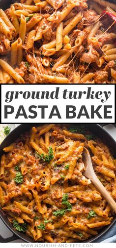 ground turkey pasta bake in a skillet with a wooden spoon on the side