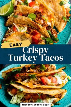 easy crispy turkey tacos on a blue plate