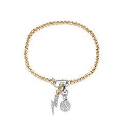 The "Can Opener Lightning Charm Bracelet" features a slender stainless steel chain complemented by a clasp crafted from 925 sterling silver, coated in 18k gold. Ideal for daily wear, this water-resistant bracelet can be worn continuously without removal. Adorning the bracelet, a stainless steel link gracefully supports a micro pave dot charm and a lightning charm, both plated in 18k gold. Modern Gold Bracelets With Sterling Silver Clasp, Gold Bracelets With Sterling Silver Clasp For Everyday, Gold Bracelet With Sterling Silver Clasp For Everyday, Gold Sterling Silver Bracelet With Lobster Clasp For Everyday, Gold Sterling Silver Bracelet With Lobster Clasp, Everyday Gold Sterling Silver Bracelet With Lobster Clasp, Gold Chain Bracelet With Sterling Silver Clasp, Adjustable Gold Bracelets With Sterling Silver Clasp, Ring Size Guide