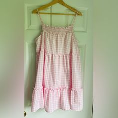 Never Worn, Immaculate Condition From A Smoke Free Home White Sleeveless Plaid Dress For Summer, White Cotton Plaid Dress For Brunch, Gingham Sundress For Daywear, Casual White Plaid Dress With Ruffles, White Sleeveless Cotton Plaid Dress, Casual Pink Sleeveless Plaid Dress, Sleeveless Cotton Plaid Dress, Pink Gingham Dress, Pink Gingham