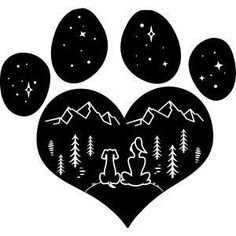 a heart shaped paw print with mountains and trees in the background, surrounded by stars