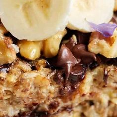 a close up view of some food with bananas and chocolate