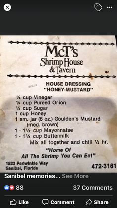 the menu for mcc's shrimp house and tavern