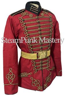 "H3/6 Black with Red Contrast  This is 4 pcs Military Officers ceremonial heavy cotton jacket with antique Gold braids with red Contrast and Trims at chest and cuffs, it has brass buttons  & Distressed copper shoulder accessories, Waist  Belt has metal antique look buckle.  Please note it's free size belt with adjustable adjuster can fit up 28\"- 46\" Please refer to the photos.  Sizes are available  To S to fit 40\" chest - sold  To M to fit 42\" chest - sold  L - To Fit size 44\" XL - to Fit size 46\" Front and back length - 32\" approximately  Sleeve length. - 26\" approximately  Shoulder- 20.5\" Please note:- Even though there is a choice of sizes, these are made to order and are customise to your requirements . I do not carry stock and hence do not do refunds. Please check the sizes b Fitted Red Outerwear For Festival, Red Ceremonial Winter Outerwear, Ceremonial Red Winter Outerwear, Fitted Red Outerwear For Ceremonial Occasions, Fitted Red Ceremonial Outerwear, Red Military Long Sleeve Outerwear, Traditional Red Costume Outerwear, Braids With Red, Gold Braids