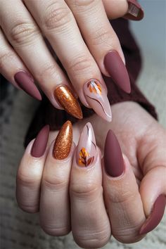 Moody Fall Nails, Fall Nail Ideas, Autumn Leaf Color, Leaf Patterns, Sweater Nails, Almond Acrylic Nails, Rich Burgundy, Nails 2024, Nails Desing