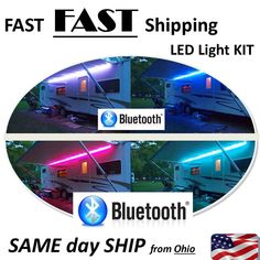 the same bluetooth light kit is shown in two different images, one with an american flag