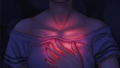 a woman holding her chest with red light coming out of the chest and hands on her chest