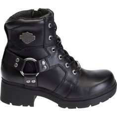 A short women's leather boot with a harness silhouette and the bold look of a Harley-Davidson, this boot is classic. The iconic bar and shield is attached to the side of the boot so you can put your rebel spirit on display with any outfit. $130.95 Harley Boots, Rocker Boots, Character Wardrobe, Leather Biker Boots, Side Zip Boots, Punk Rocker, Mens Leather Boots, Favorite Boots, Harley Davidson Women