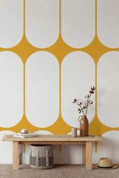 Interior Wall Mural Ideas, Wood Paneling Modern, Midcentury Wallpaper, Chic Wallpaper, Yellow Decor, Make Your Own Wallpaper, Create Your Own Wallpaper, Modern Wallpaper