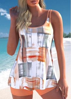 Color:Orange;Size:1X;Size:2X;Size:3X;Bra Style:Padded;Support:Wire Free;Pad Style:Removable;Strap Style:Adjustable;Package Contents:1 X Top , 1 X Shorts;Occasion:Sport; Striped Tankini, Casual Dresses Plus Size, Swimwear Suits, Trendy Swimsuits, Printed Tankini, Swimwear Bottoms, Swimwear Dress, Tankini Set, Plus Size Swimwear