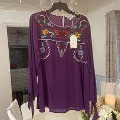 37” Long Armpit To Armpit 19” Purple Floral Embroidery Top For Fall, Purple Floral Embroidered Top For Fall, Spring Embroidered Purple Blouse, Spring Purple Embroidered Blouse, Purple Floral Embroidered Top For Spring, Beautiful Embroidery, Color Purple, Blouses, Womens Tops