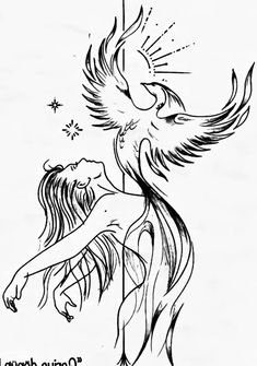 a black and white drawing of two women with wings on their back, facing each other