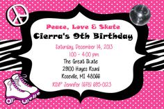 a pink birthday party with roller skates and disco ball on it's side