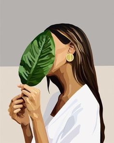 a painting of a woman holding a large green leaf over her face with both hands