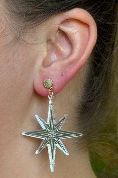 Silver earrings with a unique star shape and a lightweight feel. They are fashionable and are fun for the holidays. From the vendor; We devote great care to crafting every piece, ensuring a high level of attention to detail. Our use of nickel-free metal ensures that each piece is hypoallergenic. While our earrings are designed to be durable, we suggest handling them with care, as they are works of wearable art. Nickel free. Nickel-free Star Jewelry For Parties, Nickel Free Star Shaped Party Jewelry, Star-shaped Pierced Earrings As Gift, Star-shaped Pierced Earrings For Gifts, Star Shaped Pierced Earrings For Gifts, Star-shaped Earrings For Pierced Ears As A Gift, Handmade Star-shaped Earrings For Gift, Star-shaped Nickel-free Plug Earrings As Gift, Star-shaped Nickel-free Plug Earrings For Gift