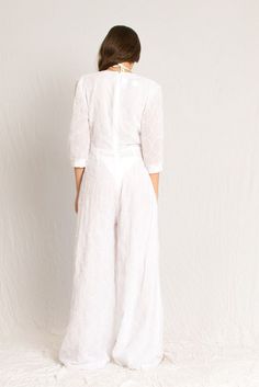 White sheer jumpsuit with sleeves, open V neckline and georgette silk lining. V-neck Beachwear Jumpsuits And Rompers For Poolside, V-neck Jumpsuits And Rompers For Poolside Beachwear, V-neck Jumpsuits And Rompers For Poolside And Beach Season, Spring V-neck Jumpsuits And Rompers For Poolside, Smooth Jazz Music, Embossed Fabric, Look Polished, Peasant Sleeve, Bridal Jumpsuit