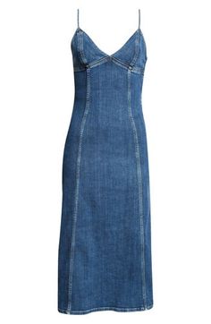 The label known for its elevated take on denim brings forth a figure-skimming midi enhanced with just a hint of stretch and detailed with an embroidered logo. 38 1/2" center front length (size medium) Side zip closure Sweetheart neck Adjustable straps 99% cotton, 1% elastane Machine wash, line dry Imported Designer Clothing Denim Midi Dress Washed, Luxury Blue Midi Denim Dress, Chic Fitted Midi-length Denim Dress, Fitted Denim Dress, Medium Wash Non-stretch Denim Dress, Non-stretch Cotton Denim Dress In Medium Wash, Denim Midi Dress, Sweetheart Neck, Free Fabric