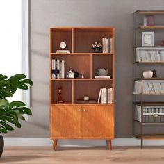 a wooden bookcase sitting next to a potted plant