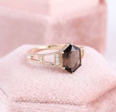 Smoky Quartz Hexagon Casual Ring, Natural Brown Crystal Fine Gemstone Rings, Paris Eiffel Tower Wedding Band Design, Geometric Shape Ring ✧･ﾟ: *✧･ﾟ:* Welcome to Charles Davin Jewelry*:･ﾟ･ﾟ✧ Moissanite - a gemstone known to bring in luck in someone's life, the user can give off a look of elegance. You can give your special someone luck whilst showing your love to them. ✶Material: 10K/ 14K/ 18K ✶Main Stone: Natural Smoky Quartz; 6*9mm ✶Side Stone: Moissanite; 0.15ct ✶Color: D Colorless ✶Clarity: V Eiffel Tower Wedding, Casual Rings, Sunflower Ring, Wedding Band Designs, Band Design, Paris Eiffel Tower, Design Geometric, Natural Brown, Vintage Diamond