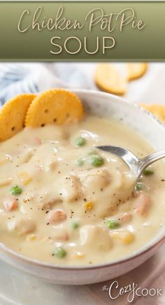 chicken pot pie soup with a mix of vegetables in a creamy broth. Easy Chicken Pot Pie Soup, Chicken Pot Pie Soup Recipe, Pot Pie Soup Recipe, Comfort Soup Recipes, Pot Pie Soup, Chicken Pot Pie Soup, Chowder Soup, Homemade Soup Recipe, Easy Chicken Pot Pie