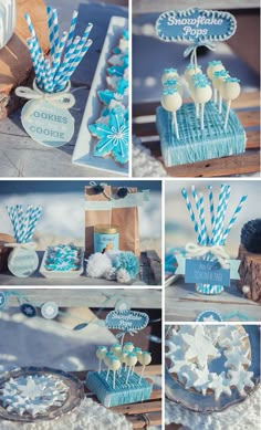 blue and white desserts on display at a baby shower