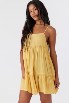 Complete your beach look with this flowy cover-up dress. It has a mini length fit and tiered detail. O'Neill Women's Cover-up dress Mini length Tiered skirt 100% Viscose | O'Neill Women's Saltwater Solids Rilee Swim Cover-Up Dress in Mimosa, Size 2XL, Viscose Flowy Sundress For Brunch During Beach Season, Casual Mini Sundress For Beach Cover-up, Summer Mini Dress With Adjustable Straps, Flowy Mini Dress With Adjustable Straps For Day Out, Summer Dress With Adjustable Straps And Tiered Shape, Flowy Summer Sundress For Brunch, Flowy Spaghetti Strap Beach Dress, Flowy Sundress With Adjustable Straps, Mini Length, Flowy Mini Sundress With Adjustable Straps