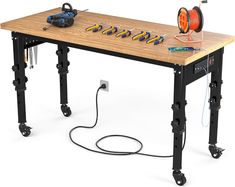 Sturdy : Adjustable Workbench Is Designed For Heavy Usage, Featuring A 26Mm Thick, Solid 60" * 20" Oak-Colored Desktop; It Can Support Up To 1600Lbs And The Four Adjustable Rubber Feet Enhance Stability On The Ground, Making It A Reliable And Long-Lasting Workspace Solution Adjustable Height: This Wooden Workbench Has Five Height Settings And Can Be Adjusted From 27.95In To 37.4In, Allowing You To Find The Perfect Height For Work And To Avoid Back Pain Or Discomfort; You Can Stand Or Sit Comfortably And Work Efficiently Every Day Ul Certified: The Garage Workbench Comes With A Built-In Power Strip That Includes Three Ac Power Outlets, Two Usb-A Ports, And A 6.5Ft Power Cord; It Handles Your Electrical Needs And Ensures Safety When Using Power Tools Or Lighting Fixtures, Eliminating Any Nee Wooden Workbench, Heavy Duty Work Bench, Garage Workbench, Wood Burning Kits, Garage Work Bench, Work Bench, Epoxy Resin Wood, Work Table, Power Outlet