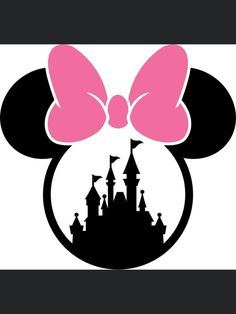 a minnie mouse head with pink bows on it's ears and the castle in the background