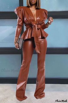 Olivia Mark - Premium Patchwork V-Neck Two-Piece Set Featuring Luxurious Caramel Accents Black Two Piece Set, Brown Leather Top, Black Two Piece, Ruffle Pants, Two Piece Pants Set, Vegan Leather Jacket, Bootcut Pants, Caramel Color, Patchwork Dress