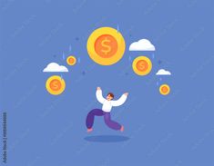 concept of getting prizes, money, cashback, and bonuses. jackpot prize, big profit, rich. illustration of a happy businessman because of the rain of coins. flat style design. elements Stock Vector | Adobe Stock