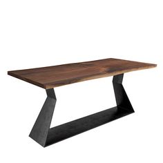 a wooden table with black metal legs and a wood slab in the center on an isolated white background