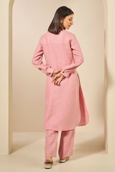 Pink shirt style kurta in a straight silhouette featuring placed threadwork fern motifs and curved hem. Comes with matching pant. - Aza Fashions Long Sleeve Linen Kurta For Work, Fitted Long Sleeve Kurta For Workwear, Casual Spring Workwear Kurta, Fitted Casual Kurta For Workwear, Workwear Straight Kurta With Set-in Sleeves, Casual Straight Kurta For Work, Relaxed Fit Straight Pants Set For Office, Pink Fitted Straight Kurta Set, Fitted Pink Straight Kurta