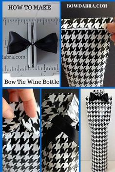 the instructions for how to make a wine bottle gift bag with hounds and black ribbon