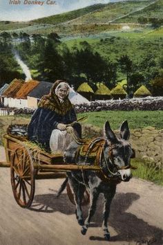 an old postcard shows a donkey pulling a cart with a nun on it's back