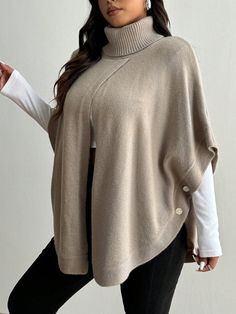 Plus Size Women's Solid Color Turtleneck Batwing Sleeve Loose Casual Sweater, Autumn/Winter Camel Casual  Half Sleeve Knitwear Plain Poncho Slight Stretch  Women Plus Clothing, size features are:Bust: ,Length: ,Sleeve Length: Khaki Sweater, Shapewear Tops, Sweater Autumn, Ankle Socks Women, Casual Sweater, Oversized Pullover, Seamless Leggings, Casual Sweaters, Inspiration Mode