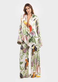 Queen Hera Tunic Top-niLuu Silk Lounge Pants, Cupro Fabric, Classic Blouses, Tropical Bird, Silk Pants, Botanical Print, Wide Legs, Printed Pants, Bird Prints