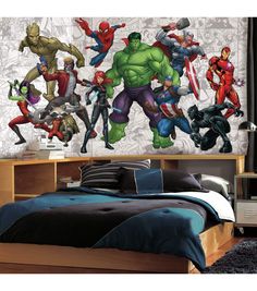 the avengers wallpaper mural in a bedroom