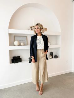 How to Style Work Pieces Multiple Ways - Loverly Grey Khaki Wide Leg Pants, Pink Peplum Top, Cross Front Top, Chic Business Casual, Denim Jacket With Dress, Blogger Outfits, The Switch, Printed Midi Skirt