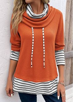 Color:Orange;Size:S;Size:M;Size:L;Size:XL;Size:XXL;Package Contents:1 X Sweatshirt;Occasion:Other;Style:Casual; Cowl Neck Sweatshirt, Cowl Neck Long Sleeve, Striped Sleeve, Long Sleeve Sweatshirt, Trendy Tops, Pullover Sweatshirts, Design Element, Striped Long Sleeve, Plus Size Tops