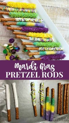 mardi gras pretzel rods are an easy and delicious dessert recipe for mardi gras