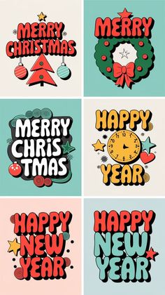 four different christmas cards with the words merry christmas and happy new year