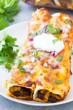 an enchilada on a white plate with cilantro and sour cream