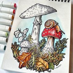 a drawing of two mushrooms with leaves and flowers in the foreground, surrounded by crayons