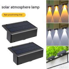 two solar powered lights on the side of a building with three different images showing them