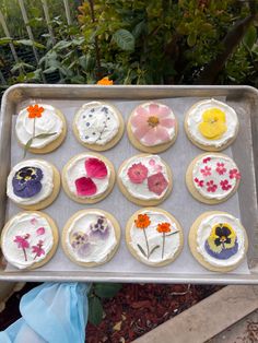 an assortment of decorated cookies sitting on top of a metal baking tray in front of some bushes